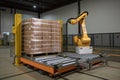 palletizing robot, lowering wrapped and secured pallet to ground level
