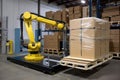 palletizing robot, lowering wrapped and secured pallet to ground level