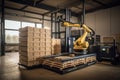 palletizing robot with multiple arms working in concert to transport and stack pallets Royalty Free Stock Photo