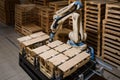 palletizing robot with multiple arms working in concert to transport and stack pallets Royalty Free Stock Photo