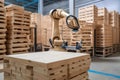 palletizing robot picking up and stacking wooden crates