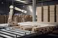 palletizing robot at work, placing items on pallets and wrapping them