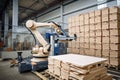 palletizing robot at work, placing items on pallets and wrapping them