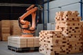 palletizing robot, working in factory setting, stacking and securing crates for shipment