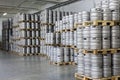 Pallets of beer kegs in stock brewery Ochakovo Royalty Free Stock Photo