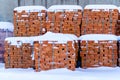 Pallets with bricks in the store. Racks of brick Royalty Free Stock Photo