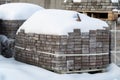 Pallets with bricks in the store. Racks of brick. Royalty Free Stock Photo
