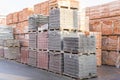 Pallets with bricks in the building store. Racks with brick. Masonry, stonework. Several pallets with concrete brick stacked on