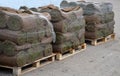 Pallets with grass carpets. Rolls of grass used when laying the lawn. three packs of rolls Royalty Free Stock Photo