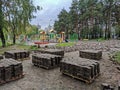 Pallets with old pavement tiles after dismantling in the city park