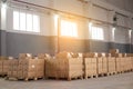 Pallets with ready-made cardboard boxes are stored in a warehouse. Concept production for the production of cardboard boxes from