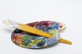 Pallette with brushes on a white background Royalty Free Stock Photo