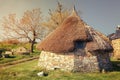 Palloza at sunset, typical ancient mountain home in Foncebadon, Leon, Spain