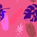 Palm, Banana Leaves Vector Seamless Pattern, Blue Pink Purple Indigo Floral Textile. Trendy