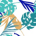 Palm, Banana Leaves Vector Seamless Pattern, Blue, White, Yellow Exotic Floral Print.