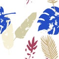 Palm, Banana Leaves Vector Seamless Pattern, Blue, White, Yellow Exotic Floral Print. Cool