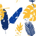 Palm, Banana Leaves Vector Seamless Pattern, Blue, White, Yellow Exotic Floral Print.
