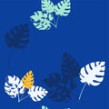 Palm, Banana Leaves Vector Seamless Pattern, Blue, White, Yellow Exotic Floral Print. Trendy