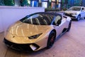 Palm Beach, Florida USA - March 22, 2021: golden Lamborghini Aventador. up view. Royalty Free Stock Photo