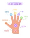 The palm chakra points. Symbols and names of the seven chakras and their location on the palm. Vector illustration