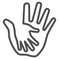 Palm of child in adult line icon, kids protection concept, helping hand sign on white background, child protection by