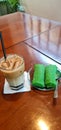 palm coffee and green pancakes