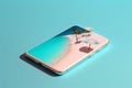 cyber up sea phone concept creative sand holiday palm summer mock. Generative AI.