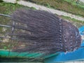 A palm fiber broom that is useful for cleaning the floor to keep it clean, which is stored on the fence in front of the house