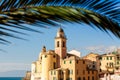 Palm framed Church in Camogli, near Genoa, Italy Royalty Free Stock Photo