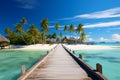 Palm fringed jetty Tropical landscape with wooden pier, Maldives islands Royalty Free Stock Photo