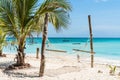 Palm and hammock on Zanzibar beach with blue sky and ocean on the background Royalty Free Stock Photo