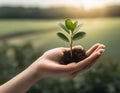 Palm of the hand holding a plant shoot, gardener working soil, ia Royalty Free Stock Photo