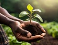 Palm of the hand holding a plant shoot, gardener working soil, ia Royalty Free Stock Photo