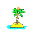 Palm on Island in a deliberately childish style. Child drawing. Sketch imitation painting felt-tip pen or marker. Cartoon Vector