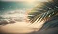 a palm leaf on a beach with the sun shining in the background Royalty Free Stock Photo