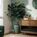 Palm leaf on a modern, teal sideboard with drawers in a luxurious, green living room interior with golden decorations and an uphol