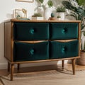 Palm leaf on a modern, teal sideboard with drawers in a luxurious, green living room interior with golden decorations and an uphol