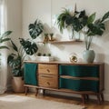 Palm leaf on a modern, teal sideboard with drawers in a luxurious, green living room interior with golden decorations and an uphol