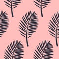 Palm leaf seamless pattern, carved pink gray tropical leaf, vector