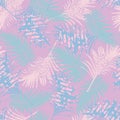 Turquoise purple pink summer seamless pattern with tropical pink black plants on a lilac background.