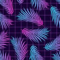 90\'s 80\'s Seamless pattern with palm leaves on grid. Wallpaper retro graphic in synthwave style. Royalty Free Stock Photo
