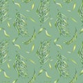 Palm leaves of acai tree watercolor seamless pattern isolated on blue. Green brunch of tropical palm, exotic leaf hand