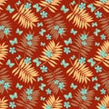 Palm leaves, butterflies and exotic flowers on a deep red seamless pattern. Modern design of tropical exotic plants Royalty Free Stock Photo