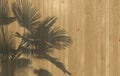 Palm leaves cast a shadow on the wooden wall paneling. Conceptual creative illustration with copy space. 3D rendering.