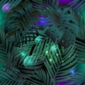 Palm leaves 3d seamless pattern. Vector ornamental leafy glow background. Repeat foliage glowing backdrop. Night. Fantasy exotic
