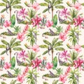 Palm leaves, flowers and animal. Tropical background, hand drawn watercolor painting. Seamless pattern, jungle wallpaper Royalty Free Stock Photo