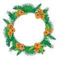 Palm leaves and flowers circle frame