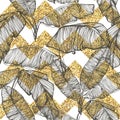 Palm leaves on golden glitter chevron background