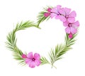 Palm leaves heart shape arrangement with pink wild flowers Royalty Free Stock Photo