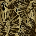 Palm leaves ornate vector seamless pattern. Ornamental gold grid lattice textured 3d background. Decorative floral repeat lace